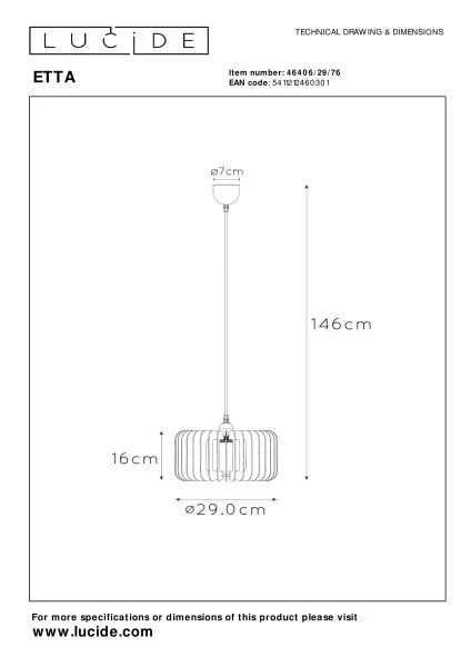 Lucide ETTA - Suspension - Ø 29 cm - 1xE27 - Naturel - technique